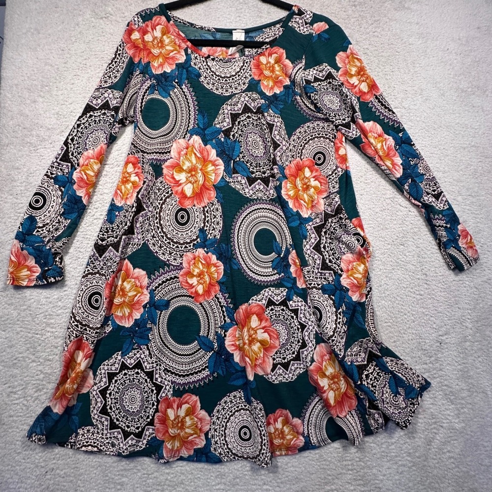 Now N Forever Floral Print Dress Long Sleeve Pockets Green Women Medium USA Made